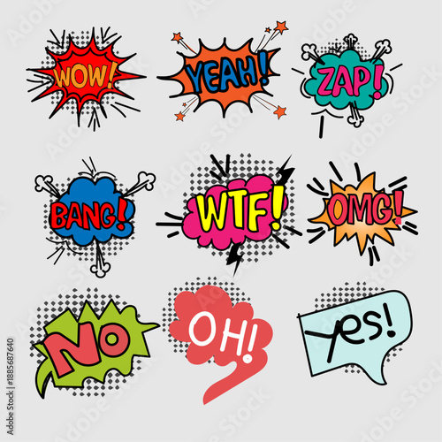 Pop Art Comic Speech Bubbles Collection with Wow, Yeah, Zap Text