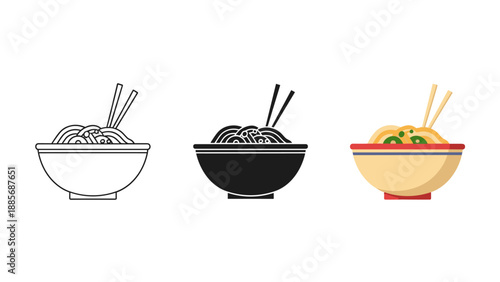 Three bowls of noodles with chopsticks on white background