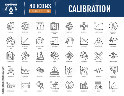 Calibration icon set. Includes precision,
measurement, accuracy, instrument, calibrator,
error, tolerance, adjustment, deviation and more.
Vector illustration with editable strokes