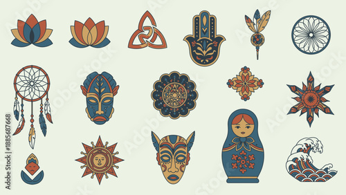 Diverse Collection of Cultural and Spiritual Symbols Including Lotus Flowers, Hamsa Hand, Dream Catcher, and Tribal Masks on Light Background