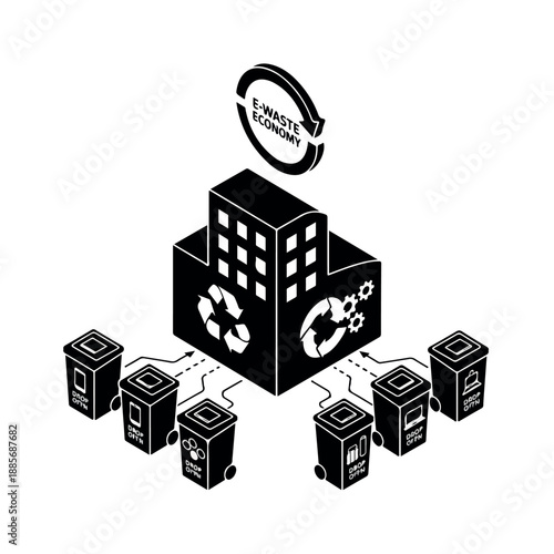 Ewaste economy concept with recycling facility and bins.