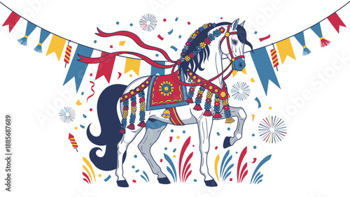 Decorated Festival Horse with Banners, Confetti, and Streamers for Celebration on Isolated White Background