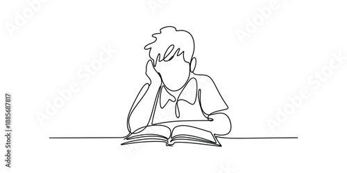 Continuous one line drawing of Young boy reading book outline vector illustration, smart boy sitting and reading book.