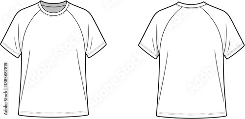 Front and back view of a simple white t-shirt with raglan sleeves and a crew neck, presented as a technical flat sketch