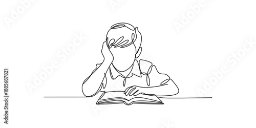 Continuous one line drawing of Young boy reading book outline vector illustration, smart boy sitting and reading book.