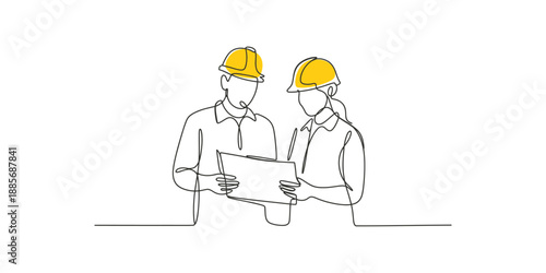 Continuous line drawing of Man and Women two construction workers reviewing blueprints with yellow hard hats minimalist vector illustration.