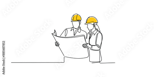 Continuous line drawing of Man and Women two construction workers reviewing blueprints with yellow hard hats minimalist vector illustration.