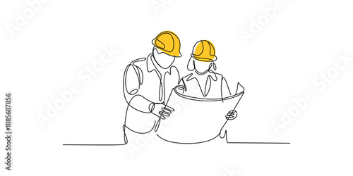 Continuous line drawing of Man and Women two construction workers reviewing blueprints with yellow hard hats minimalist vector illustration.