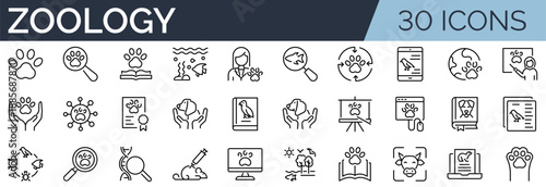 Set of 30 outline icons related to zoology. Linear icon collection. Editable stroke. Vector illustration