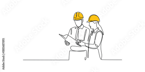 Continuous line drawing of Man and Women two construction workers reviewing blueprints with yellow hard hats minimalist vector illustration.