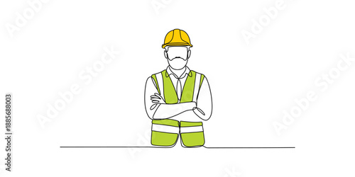 Continuous one line drawing of Construction worker wearing safety vest and hard hat.