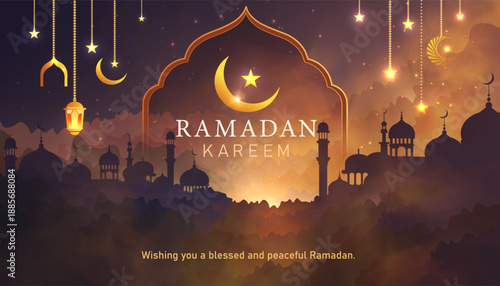 Ramadan Kareem vector greeting card with mosque skyline silhouettes, crescent moon and stars, hanging lanterns and sparkling night sky in warm golden sunset tones.