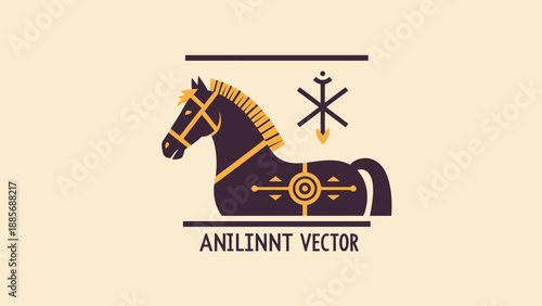 Stylized Ancient Wooden Horse Toy with Ethnic Symbols on Pale Yellow Background, Traditional Folk Art Animal Illustration