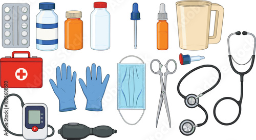 Medical supplies and healthcare equipment illustration set with medicines diagnostics tools hospital vector design
