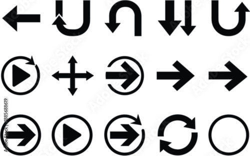 Arrow icon set with navigation, rotate, undo and play button symbols, black minimal UI controls collection flat vector illustration isolated