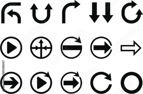 Arrow and refresh icon set with play buttons, rotate symbols and navigation directions, black UI controls flat vector illustration isolated