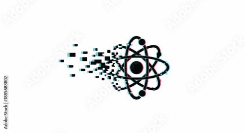 Abstract digital atom disintegrating into pixels with a modern glitch effect, representing scientific decay, data corruption, or technological disruption.