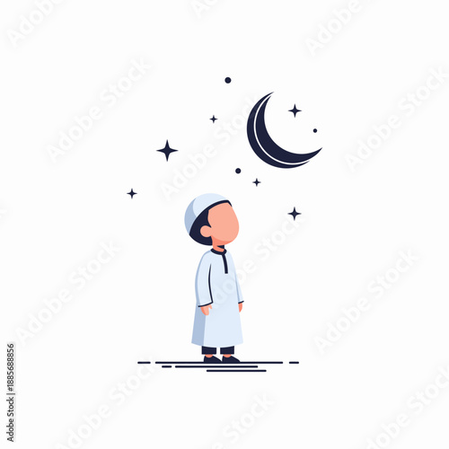 Young Muslim boy standing under a crescent moon and stars.