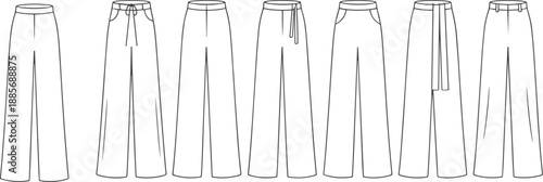 Outline Fashion Illustrations of Various Wide- Legged Trousers pants wide-leg