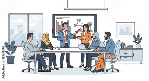 Diverse business team having a strategy meeting in a modern office. Clean flat vector illustration of professionals collaborating. Perfect for corporate and business design projects