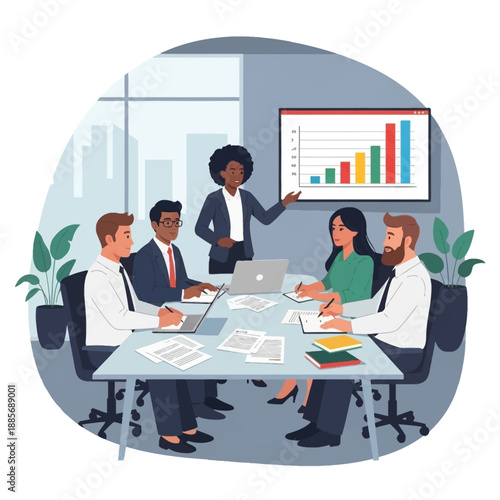Diverse coworkers during a strategy meeting in a clean office setting. Flat vector design with simple colors. Ideal for business, teamwork, and professional leadership concepts