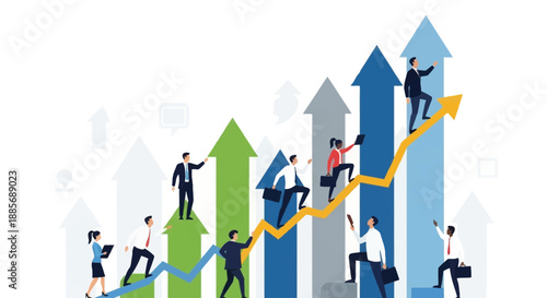 Professional flat vector of a team moving up a rising arrow. Concept of business success, growth, and career progress. Minimalist corporate style for reports and landing pages