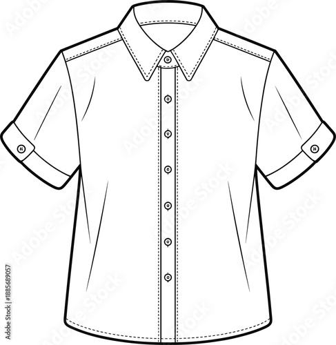 Short Sleeve Collared Button Up Shirt Fashion Flat Sketch with Cuffed Sleeves vector