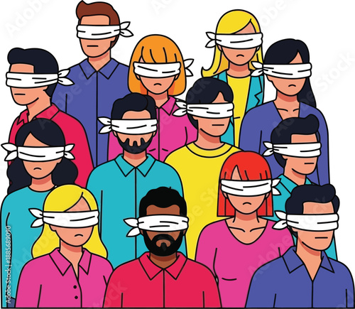 Diverse group of people standing together with blindfolds, illustration of unity and collective blindness, vector graphics