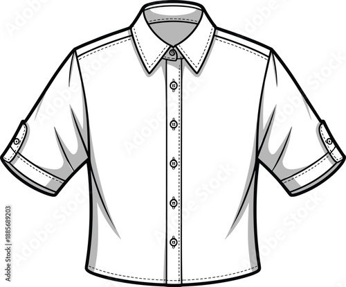 Short Sleeve Collared Button Up Shirt Fashion Flat Sketch with Rolled Cuffs vector