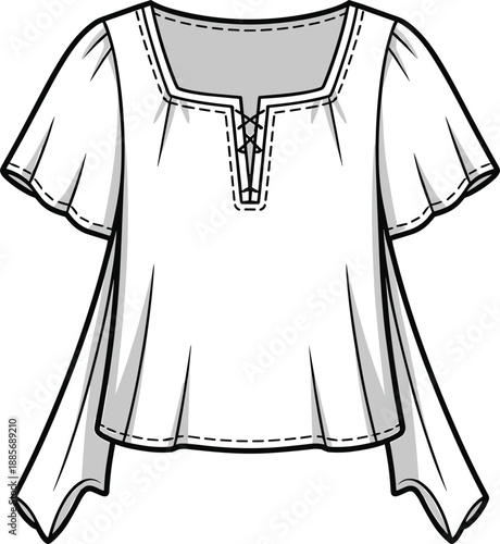 Short- Sleeved Peasant Blouse Fashion Flat Sketch with Lace- Up Neckline technical drawing garment