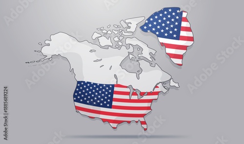 United States flag on North America Greenland political map concept showing territorial acquisition idea flat grey background