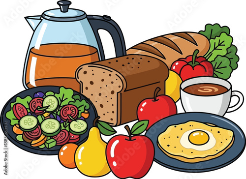 Breakfast table setting with bread, salad, fruits, egg, and beverages from a top-down perspective in a cozy home environment.