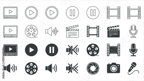 Video Icon Set – Cinema and Movie Symbols Vector Illustration.