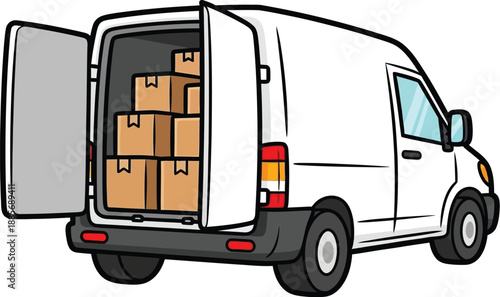 Delivery Van Loaded with Cardboard Boxes from Rear Viewpoint in Commercial Environment