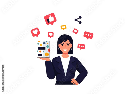 A cheerful businesswoman in a Flat Design Ilustration Vector style holds a smartphone with colorful icons and social media symbols surrounding her, conveying a joyful and modern mood