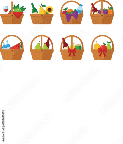 Picnic basket illustrations set with fruits vegetables wine food outdoor picnic vector design