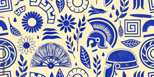 Ancient greek motifs and floral patterns in a seamless blue and white design