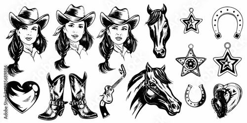 Vintage western elements cowgirls horses boots and iconic symbols in black and white