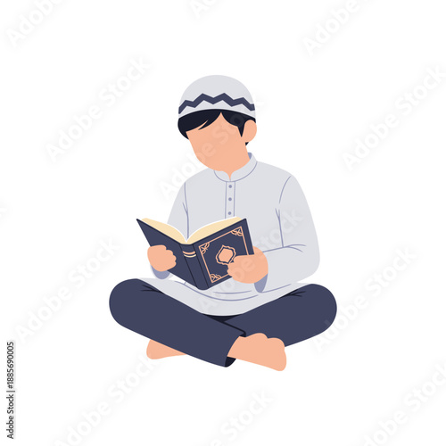 Young Muslim boy reading Quran in a serene sitting position.