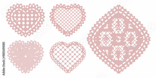 Delicate pink lace hearts and doily patterns displayed on a white background
