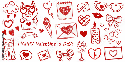 Hand drawn valentine s day themed doodles and illustrations for romantic celebrations
