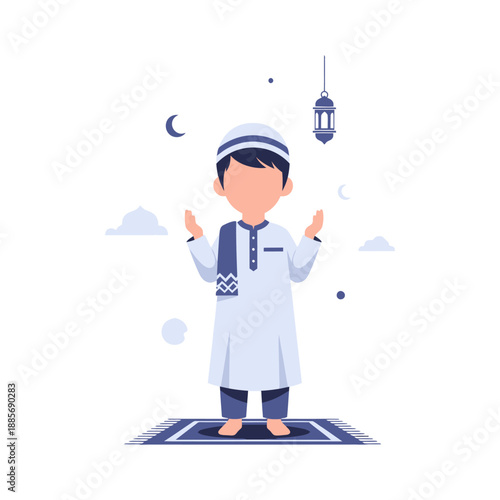Young Muslim boy praying on a prayer mat under a lantern.
