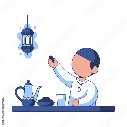 Muslim man breaking fast during Ramadan with tea and dates.