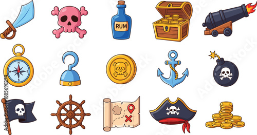 Pirate adventure icons set with treasure weapons ship elements skull symbols cartoon vector illustration