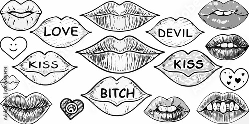 A collection of sketched lips with words love devil kiss and bitch