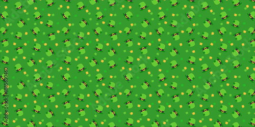 Saint Patrick's Day seamless background with leprechaun hats and green clover leaves. Vector Irish holiday pattern, March 17th celebration backdrop, repeating texture for textile and web.