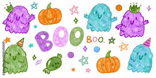 Cute halloween ghosts pumpkins and stars in a colorful whimsical illustration