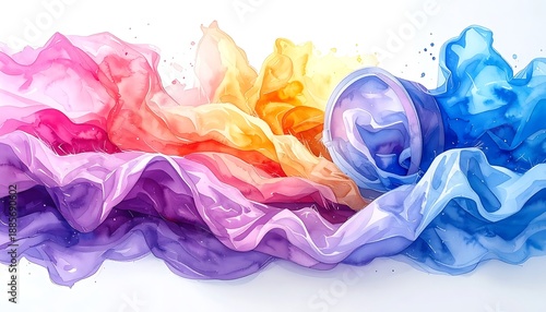 Colorful, translucent watercolor-style fabric flowing in soft waves, transitioning from purple to blue to orange to pink