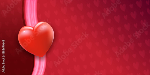 Valentine's Day luxury banner with 3D glossy red heart on abstract dark red background with wavy ribbons and hearts pattern, romantic love promotion header