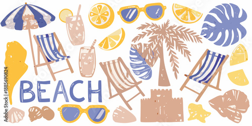 A colorful summer illustration featuring beach elements and tropical vibes